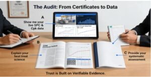 During an on-site supplier audit, an auditor’s checklist points to three concrete proofs beyond an ISO certificate: a live SPC/Cpk dashboard, a materials science handbook with specific process justifications, and a systematic assessment report, demonstrating how to audit for true capability.
