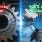 Visual comparison showing the transition from old, inefficient, noisy gears to modern, high-precision, quiet gears, representing a 30% increase in transmission efficiency.
