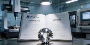 Precision Gear Manufacturing Increases Transmission Efficiency by 30% and Reduces Noise. ISO and AS9100D quality certificates next to a precision-machined gear in a modern factory, symbolizing JS Precision