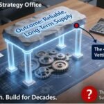 A strategic war room table with a gear blueprint. Four glowing pillars (Process Evidence, Scalability, Functional Quality, Resilience) rise from it, supporting a “Long-Term Reliability” cornerstone, visually replacing a superficial checklist and ISO certificate with a structured, four-step deep vetting framework.